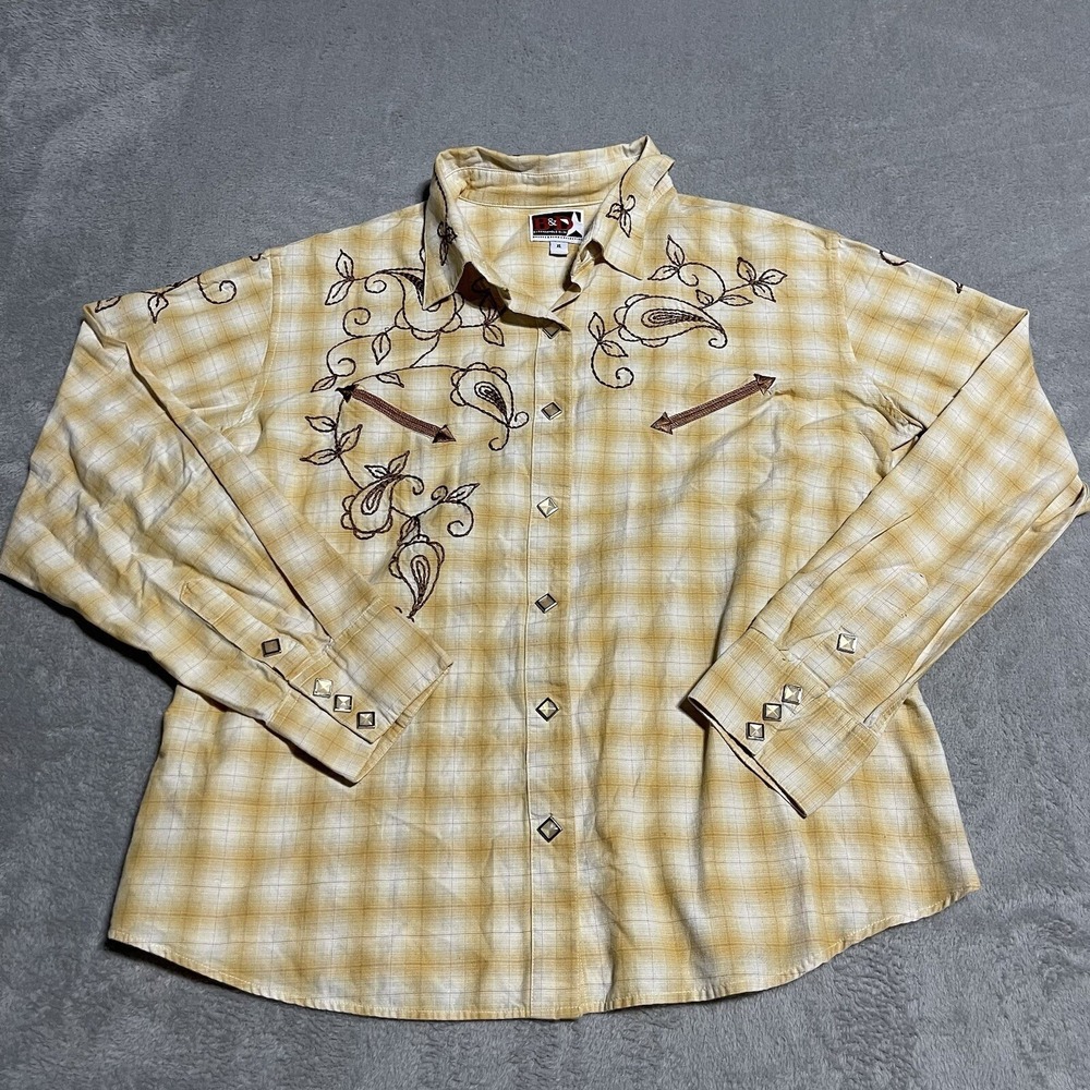 Brooks & Dunn Panhandle Slim Shirt Womens XL Plaid Pearl Snap Embroidery Western